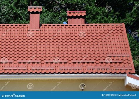 High Quality Red Metal Tile Roof Of A House Stock Image Image Of Blue