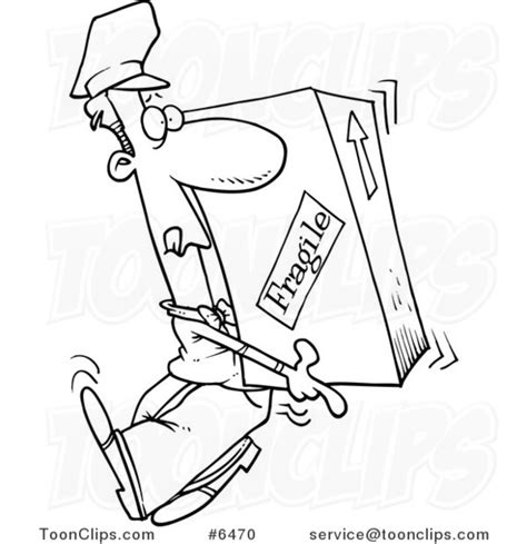 Cartoon Black And White Line Drawing Of A Delivery Guy Carrying A Heavy