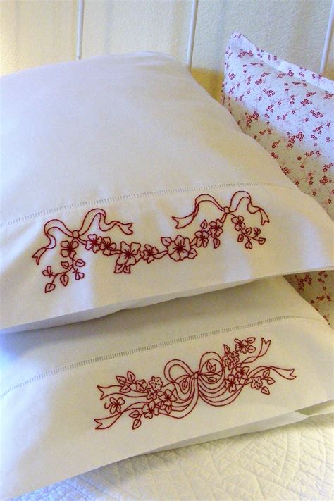 Blossoms And Ribbons Redwork Pillowcase Hand Embroidery Pattern Shipped