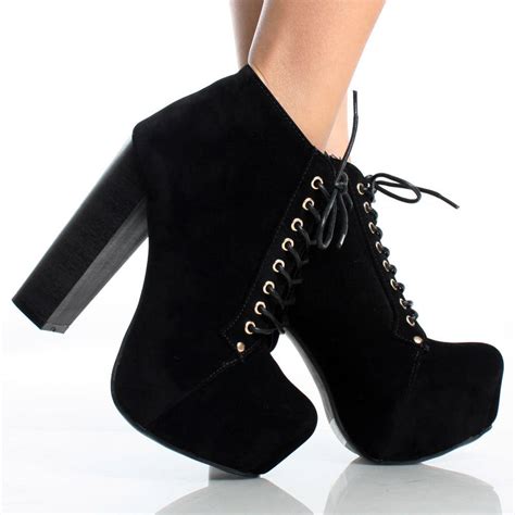 Black Suede Lace Up Women Block Chunky High Heel Platform Ankle Boots