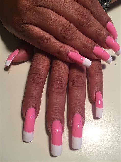 Pink And White Permanent French Acrylic Long Nails Gold Nails French