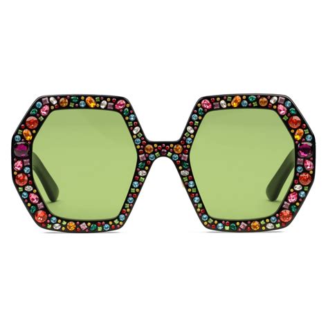 gucci square acetate sunglasses with crystals black green gucci eyewear avvenice