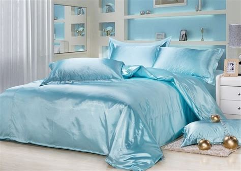 1 flat sheet + 2 pillowcases. 7pcs Aqua blue silk bedding sets satin sheets California ...