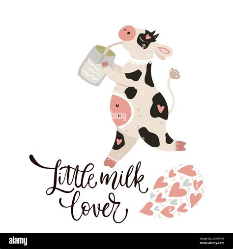 Cute Cartoon Cow Drinking Milk Vector Poster With Hand Drawn Lettering