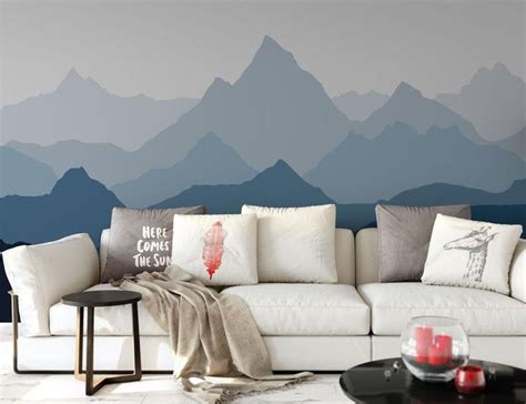 Ombre Mountains Mural Removable Wallpaper Geometry Mountain Etsy