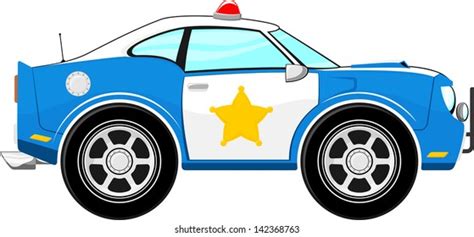Funny Blue Police Car Cartoon Isolated เวกเตอร์สต็อก ปลอดค่าลิขสิทธิ์