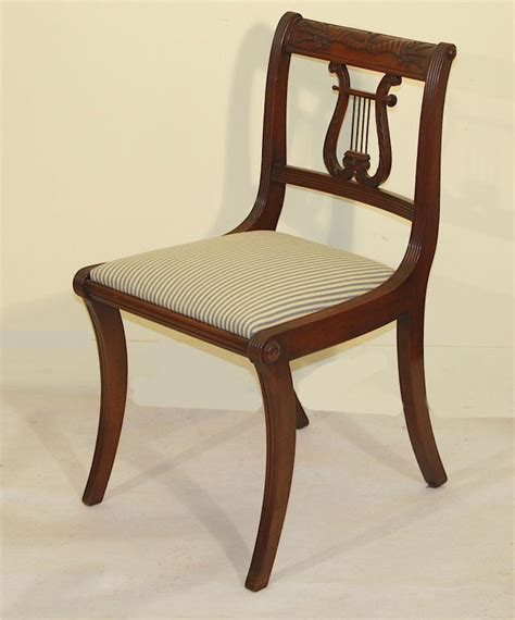 Mahogany upholstered dining chairs are designed here for those who want comfort when seated regarding our shield back dining room chairs, they possess a mahogany back in the shape of a. 6 Lyre Back Mahogany Klismos Dining Chairs at 1stdibs