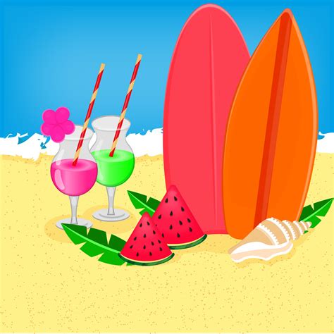 Summer Beach Drinks Surfboards Watermelon Shell Flat Style Vector