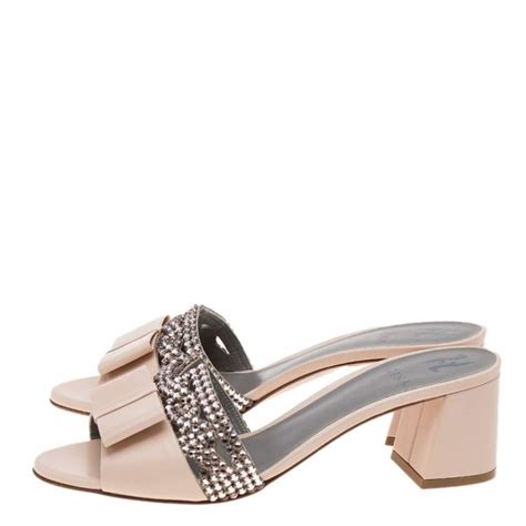 Gina Beige Leather And Crystal Embellished Bow Slide Sandals Size 405 Gina The Luxury Closet