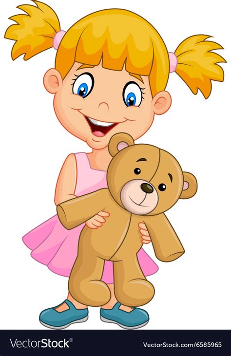 Cartoon Little Girl Playing With Teddy Bear Vector Image