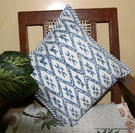 blue and white cotton hand block ikat print cushion cover size 16 16 inches at rs 150 piece in