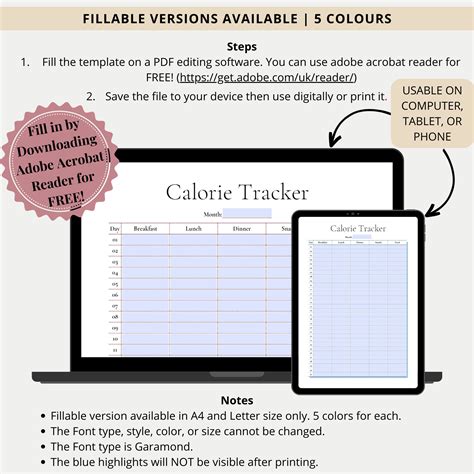 Daily Calorie Tracker Printable And Fillable Calorie Counter Template