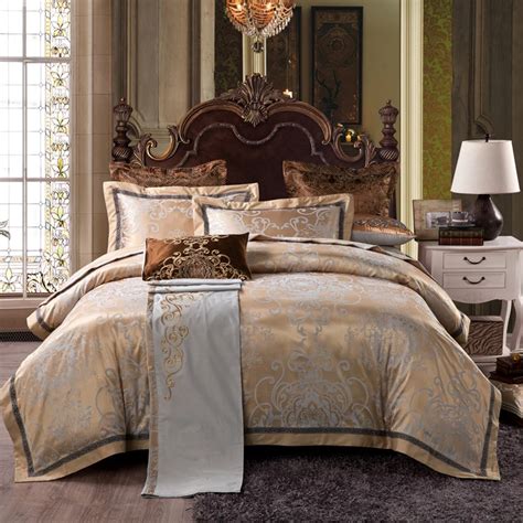 4pc Gray Gold Jacquard Bedding Sets Queen King Size Duvet Cover Set
