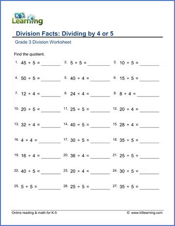 These online activities help third graders relate division and multiplication, divide numbers by 5 and 10 and memorize basic division … Grade 3 math worksheet - Division: dividing by 4 or 5 | K5 Learning