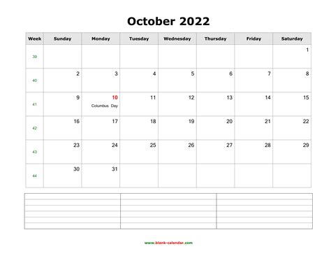 Download October 2022 Blank Calendar With Space For Notes Horizontal