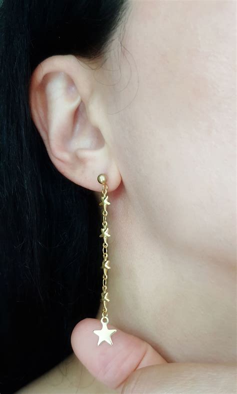 Star Chain Earrings Gold Star Drop Earrings Star Chain Etsy Chain