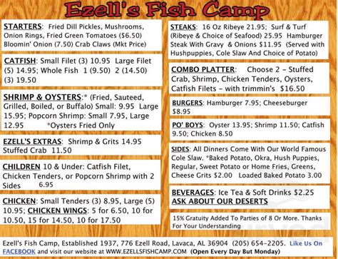 Menu for Ezell's Fish Camp in Lavaca, AL | Sirved