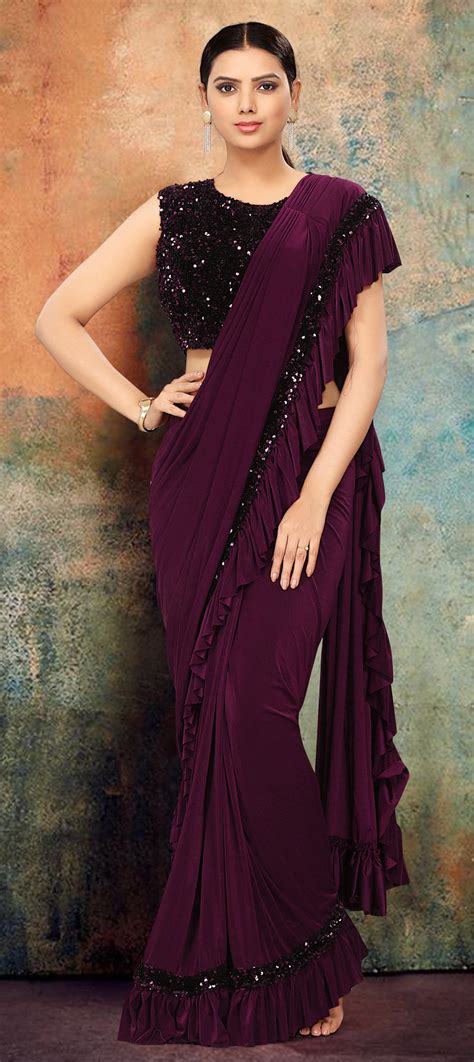 engagement festive reception purple and violet color lycra fabric readymade saree 1672560