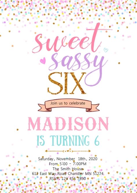 Copy Of Sweet Sassy Six Party Birthday Invitation Postermywall