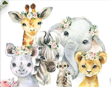 A Group Of Animals With Flowers On Their Heads And In Front Of A White