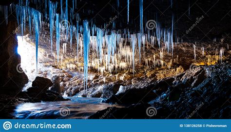 Panorama Of The Cave With Ice Stalactites Stock Photo Image Of Blue