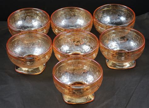 Set Of 7 Floragold Aka Louisa Iridescent Sherbets Made By Jeannette Glass Co During The