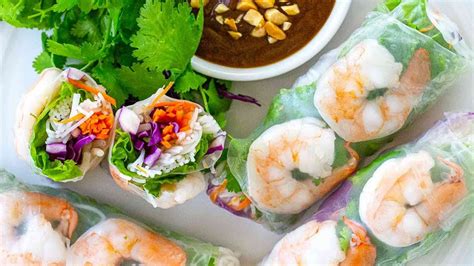 · fresh shrimp spring rolls with a delicious peanut dipping sauce. Spring Roll Recipe Shrimp : Shrimp Spring Rolls With Spicy Apricot Mustard Dip Recipe Sandra Lee ...