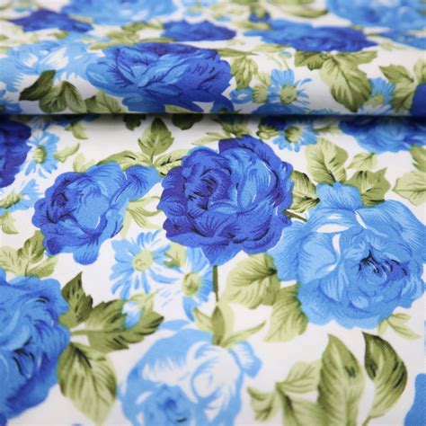 Vintage Blue Rose Cotton Fabric Blue Roses Printed On White Etsy Uk