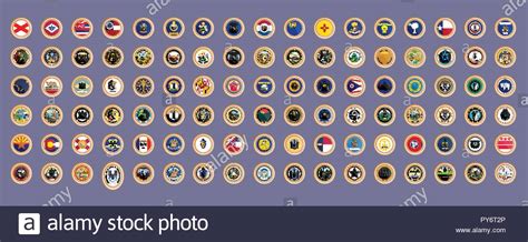 Set Of Vector Icons States Of Usa Flags And Seals 3d Illustration