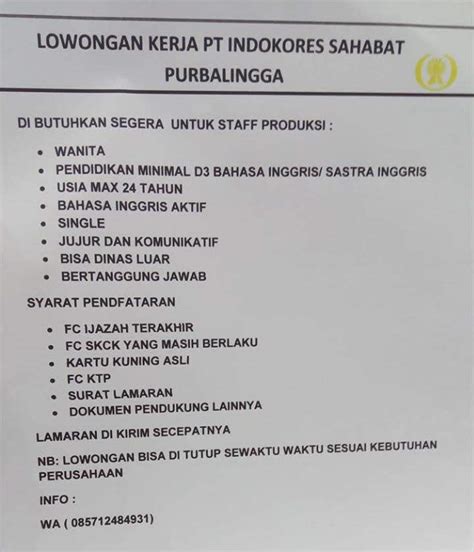 Permohonan pendaftaran wajib pajak badan usaha diajukan ke kantor pelayanan pajak (kpp) sesuai dengan pt atau perseroan terbatas adalah badan hukum yang dimiliki oleh minimal dua orang dengan syarat pendirian pt secara formal berdasarkan uu no. Lowongan Kerja PT INDOKORES SAHABAT PURBALINGGA TERBARU ...