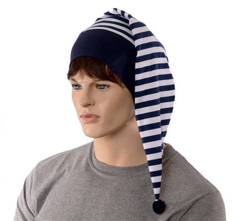 Night Cap Navy White Striped Nightcap With Pompom Cotton Adult Men