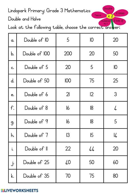 Double And Halve Worksheet Doubling And Halving First Grade Math
