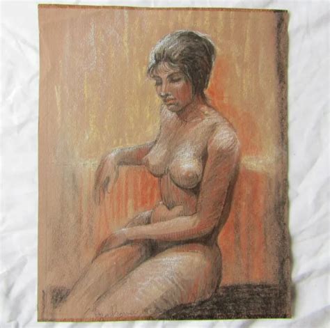 VINTAGE DRAWING COLOR Charcoal Pencil Signed Art Nude Woman Portrait