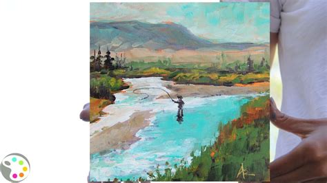 How To Paint A River With Fisherman Easy Acrylic Painting Tutorial