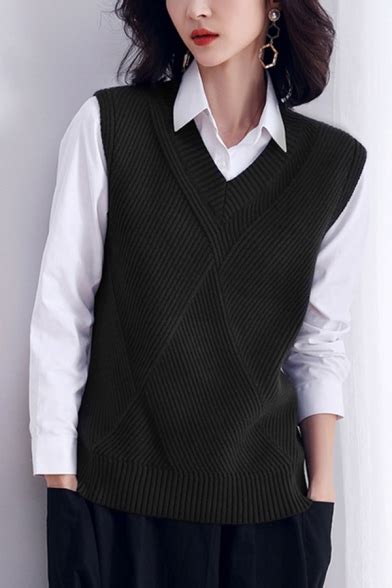 fancy women s sweater vest solid color ribbed knit v neck sleeveless regular fitted sweater vest