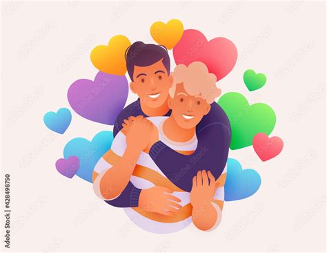 Happy Young Lgbtq Couple Vector Illustration Homosexual Men Hugging With Rainbow Colored Hearts