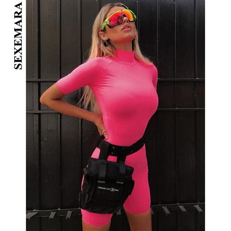 Boofeenaa Neon Hot Pink Romper Women Turtleneck Short Sleeve Biker