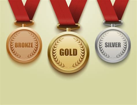 Premium Vector Set Of Gold Silver And Bronze Medals With Red Ribbon