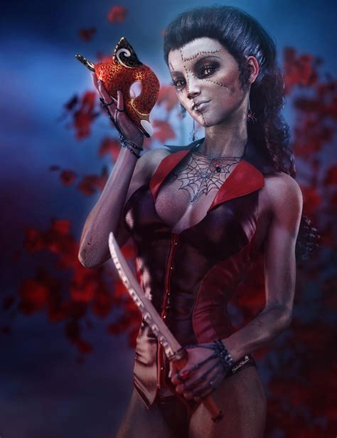 Best Fantasy Women Skin 16 Dark Haired Zombie Girl Knife Fox Mask Red