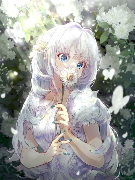 Anime Anime Girls White Hair Blue Eyes Dandelion Flowers Petals