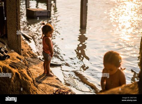 Local Children Swim In The Mekong River 4000 Islands Laos Asia Stock