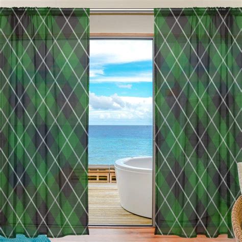 Green Tartan Black Plaid Sheer Curtains 84 Inch Length
