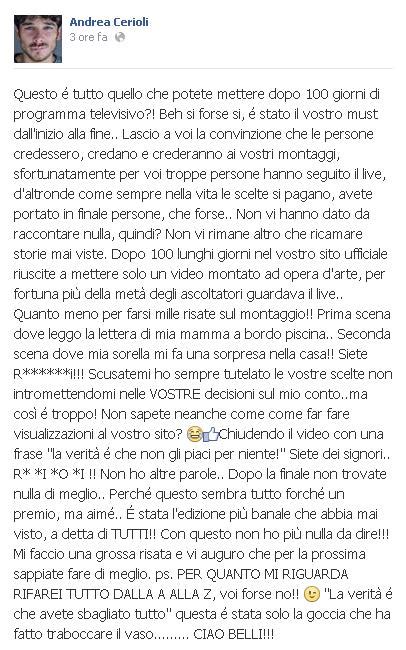 Andrea Cerioli su Facebook: "E' stata l'edizione del 'Grande Fratello