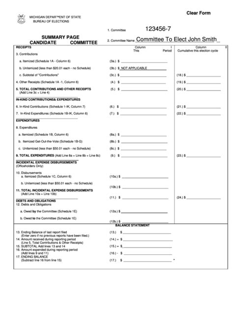 Fillable Summary Page Candidate Committee Sheet Printable Pdf Download