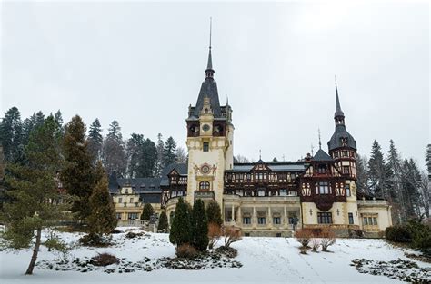 Image Romania Peles Castle Castle Winter Snow Trees Cities