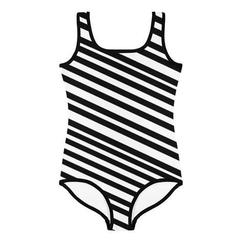 Black Diagonal Striped Girls Swimsuit Cute Premium Athletic Fitness