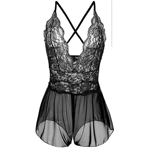 Womens Sexy V Neck Lace Open Crotch Romper Sleepwear G String Nightwear Set In Sleep Tops