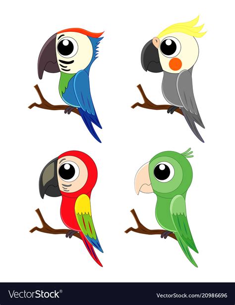 Set Of Different Cartoon Parrots Exotic Birds Vector Image