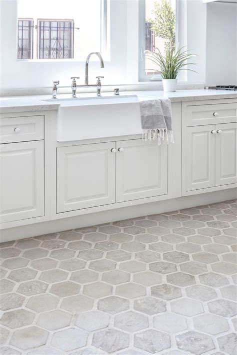 Light Gray Hexagon Concrete Flooring In This Neutral California Kitchen