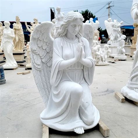 Cemetery Memorial Winged Angel Statues Life Size White Marble Kneeling